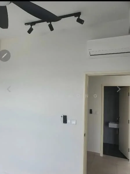 Room features: white painted walls, ceiling fan, track lighting, wall-mounted intercom, wall-mounted air conditioning unit, doorway leading to bathroom, tile flooring.