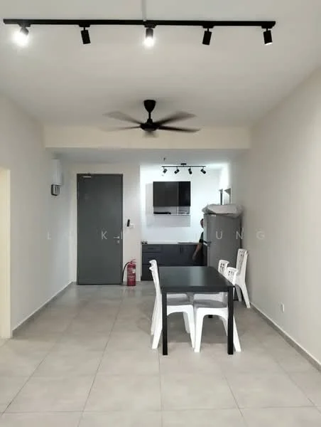 Dining features: grey tiled flooring, white painted walls, 5-blade ceiling fan, track lighting, black dining table, 4 white plastic chairs, open layout, fire extinguisher on wall, door to hallway, kitchen area visible in background; style: modern.