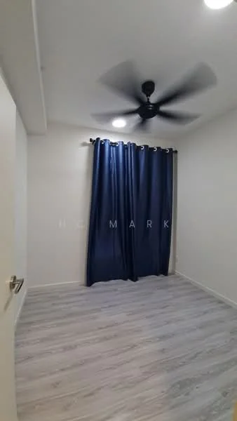 Room features: light grey laminate flooring, white painted walls, ceiling fan, blackout curtains, recessed downlights.