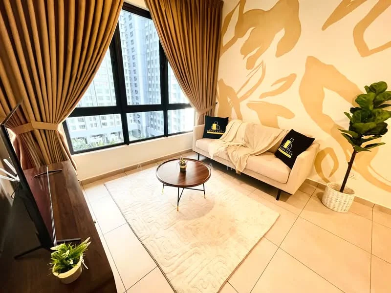 Living features: beige fabric sofa, round wooden coffee table, area rug with geometric pattern, floor-to-ceiling windows, sheer curtains, decorative plant in ceramic pot, wall-mounted TV, wooden TV console, gold accent wall design, tile flooring; style: modern; view: city.