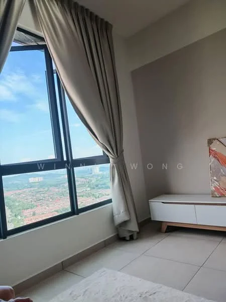 Room features: floor-to-ceiling windows, grey curtains, light-colored wall, cream tiled flooring, white low-profile TV console, abstract artwork on wall, city view from window; style: modern; view: city.