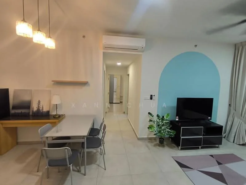 Living features: dining table with 4 chairs, wall-mounted TV, TV console, ceiling fan, air conditioning unit, light fixture with 3 pendant lights, decorative plant, grey accent wall, neutral tiled flooring, curtains, open shelving, artwork on wall; style: modern.