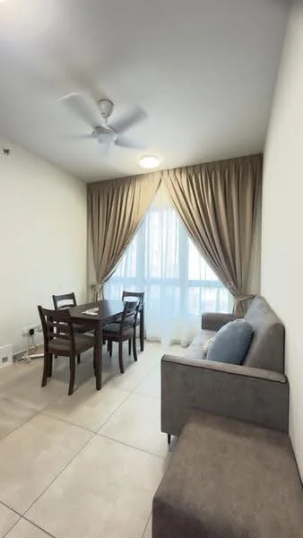 Dining features: 4-seater dining table, wooden dining chairs, sofa in grey fabric, light-colored tiled flooring, white painted walls, ceiling fan, curtains in beige, large window with natural light; style: modern.