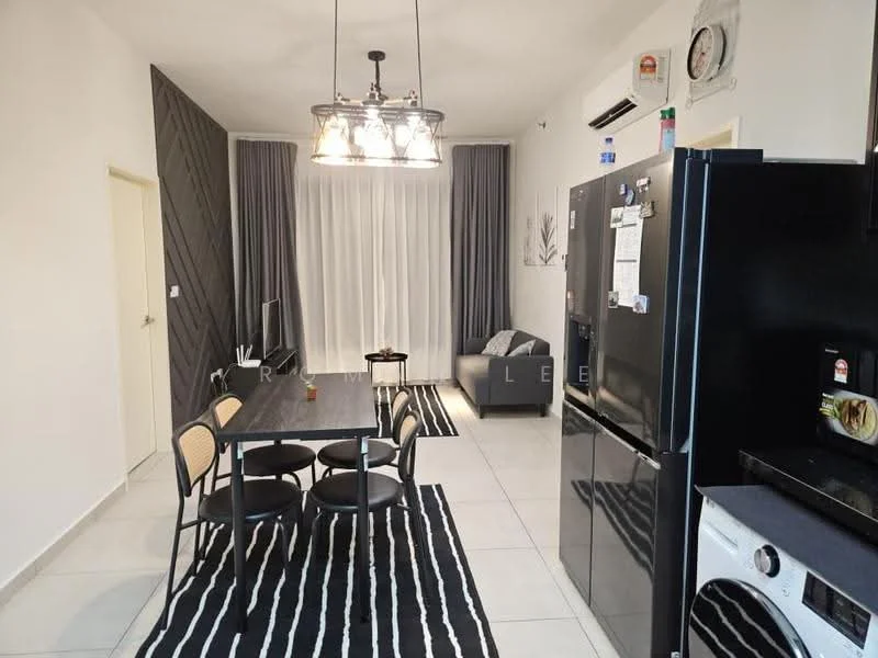 Kitchen features: black refrigerator, stainless-steel washing machine, black dining table, 4 dining chairs with cane backs, striped area rug, white walls, grey accent wall with geometric pattern, pendant lighting with multiple bulbs, recessed ceiling lights, floor-to-ceiling curtains, air conditioning unit; style: modern.