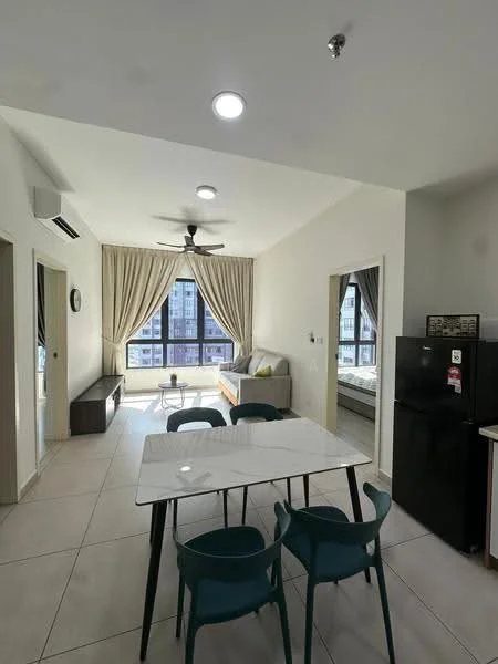 Living features: floor-to-ceiling windows, beige curtains, 5-blade ceiling fan with light, light-colored walls, tile flooring, sofa with cushions, coffee table, TV console, dining table with marble top, 4 teal dining chairs, black refrigerator, wall-mounted air conditioning unit; style: modern; view: city.