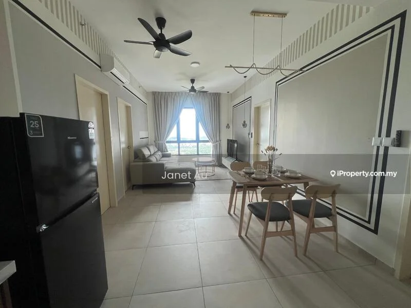 Living features: 3-seater fabric sofa in light grey, ceiling fan with light, wall-mounted TV, coffee table, dining table for 4 with wooden chairs, large window with city view, light-colored walls with black accent trim, tile flooring, curtains, air conditioning unit; style: modern; view: city.