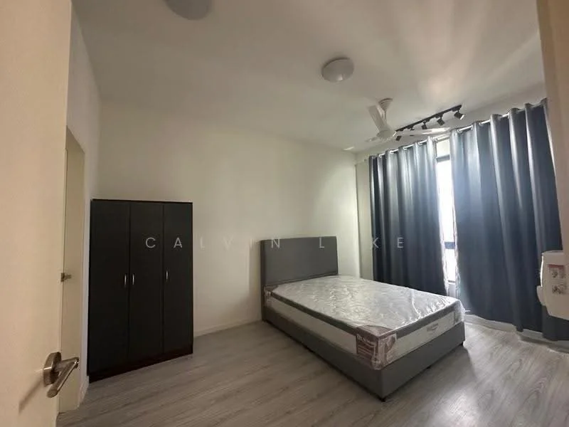 Bedroom features: queen-size bed, grey upholstered bed frame, mattress, black wardrobe with sliding doors, light wood flooring, white painted walls, recessed ceiling lights, ceiling fan, floor-to-ceiling windows with grey curtains; style: modern.
