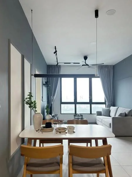 Living features: grey painted walls, floor-to-ceiling windows, sheer curtains, 5-blade ceiling fan with light, recessed downlights, light wood dining table, 4 wooden dining chairs, decorative vase on table, tableware on table, grey fabric sofa, coffee table, area rug; style: modern; view: city.