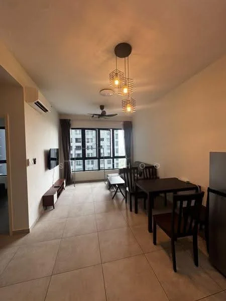 Living features: light beige painted walls, tile flooring, 5-blade ceiling fan with light, recessed downlights, wall-mounted TV, wooden coffee table, 4-seater dining table, 4 wooden dining chairs, floor-to-ceiling windows with sheer curtains, air conditioning unit; style: modern; view: city.
