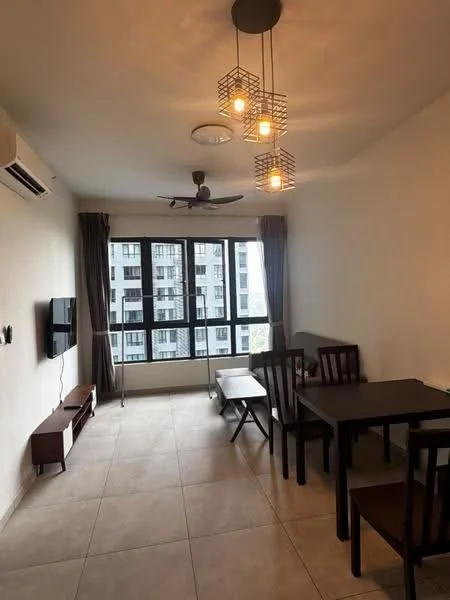 Living features: light beige tiled flooring, white painted walls, 5-blade ceiling fan with light, recessed downlights, hanging pendant lights, floor-to-ceiling windows, blackout curtains, wall-mounted TV, wooden TV console, wooden dining table, 4 wooden dining chairs, wooden bench, air conditioning unit; style: modern; view: city.
