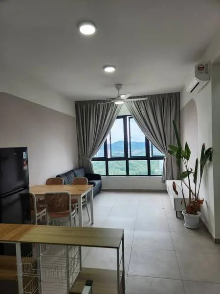 Living features: floor-to-ceiling windows, grey fabric sofa, 4-seater dining table, wooden dining chairs, ceiling fan, wall-mounted air conditioning unit, light grey painted walls, tile flooring, curtains, indoor plants in pots; style: modern; view: mountain.