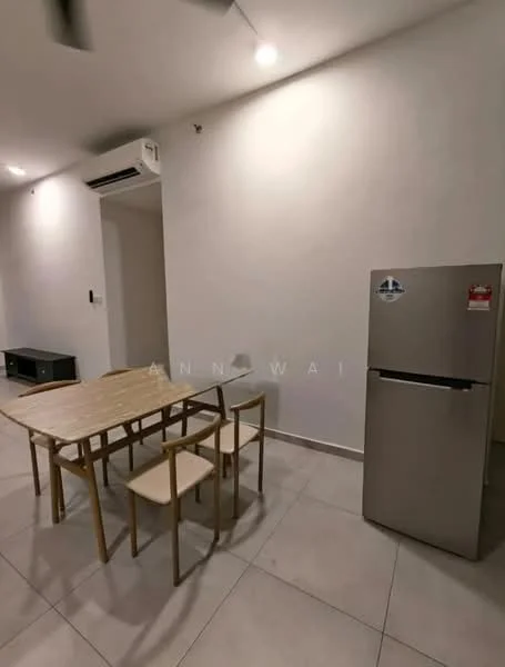 Dining features: light-colored wooden dining table, 4 wooden dining chairs, stainless-steel fridge, wall-mounted split AC, white painted walls, tile flooring, TV console, recessed downlights; style: modern.