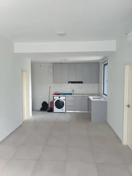 Kitchen features: grey cabinetry, white countertop, single-bowl stainless-steel sink, chrome pull-down faucet, built-in oven, freestanding washing machine, ceramic tile flooring, white walls, recessed downlights, window with view to outside; style: modern. Room features: ceramic tile flooring, white walls, doorway leading to another room.