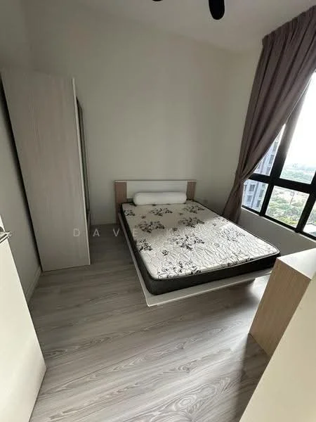 Bedroom features: queen-size bed, upholstered headboard, bedding with floral pattern, wooden bedside table, built-in wardrobe, floor-to-ceiling window, curtains, laminate flooring; style: modern; view: city.