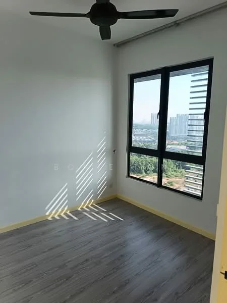 Room features: grey laminate flooring, white painted walls, floor-to-ceiling windows, black ceiling fan, city view; style: modern; view: city.