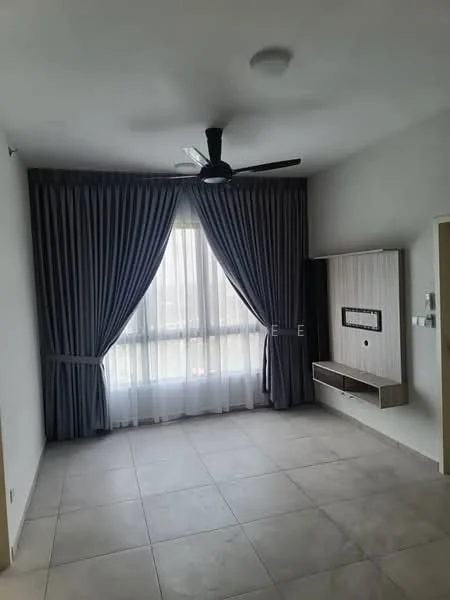 Living features: grey curtains, sheer curtains, ceiling fan, wall-mounted TV console, light-colored wall, tile flooring, large window, neutral color scheme; style: modern.