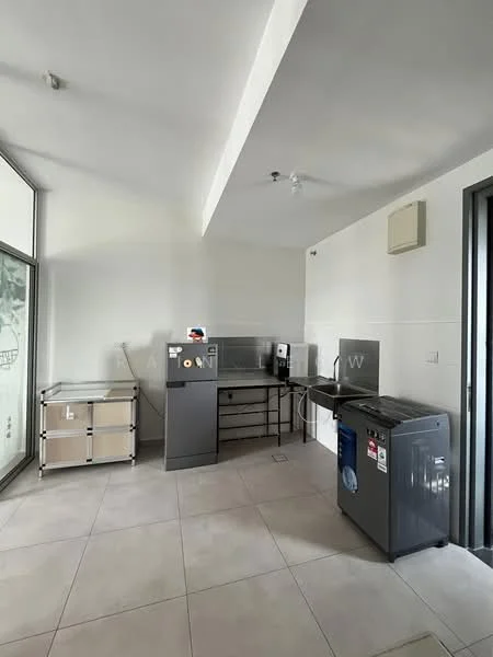 Laundry features: grey tiled flooring, white painted walls, single-bowl stainless-steel sink, chrome pull-down faucet, built-in countertop, washing machine, grey cabinetry, refrigerator, open shelving, ceiling-mounted light fixture; style: modern.
