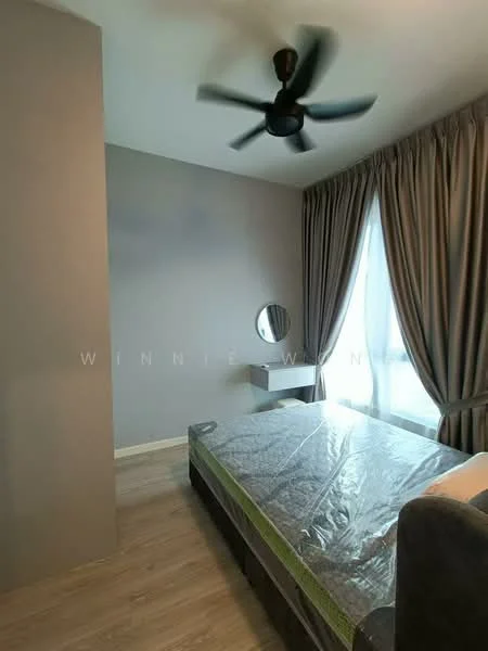 Bedroom features: wooden flooring, grey painted walls, 5-blade ceiling fan, floor-to-ceiling window, sheer curtains, bed with mattress, nightstand, round mirror; style: modern.