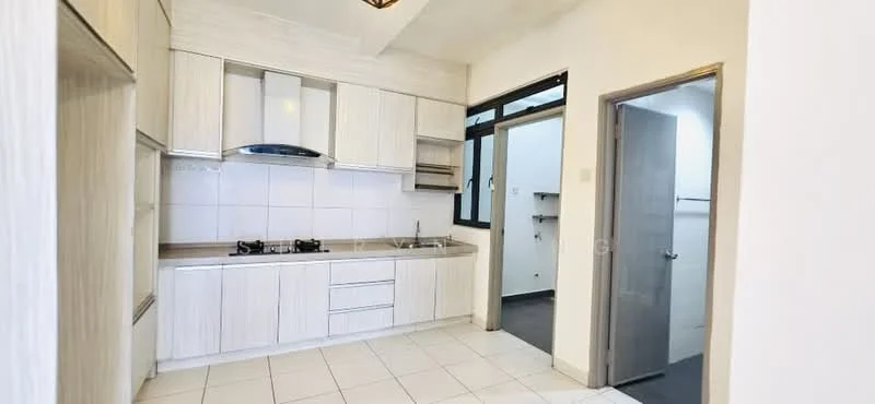 Kitchen features: white cabinetry with flat-panel doors, stainless-steel range hood, built-in gas hob, double-bowl stainless-steel sink, chrome pull-down faucet, white tiled backsplash, ceramic tile flooring, window with black frame, countertop with laminate finish; style: modern. Room features: grey door, white walls, light fixture on ceiling.
