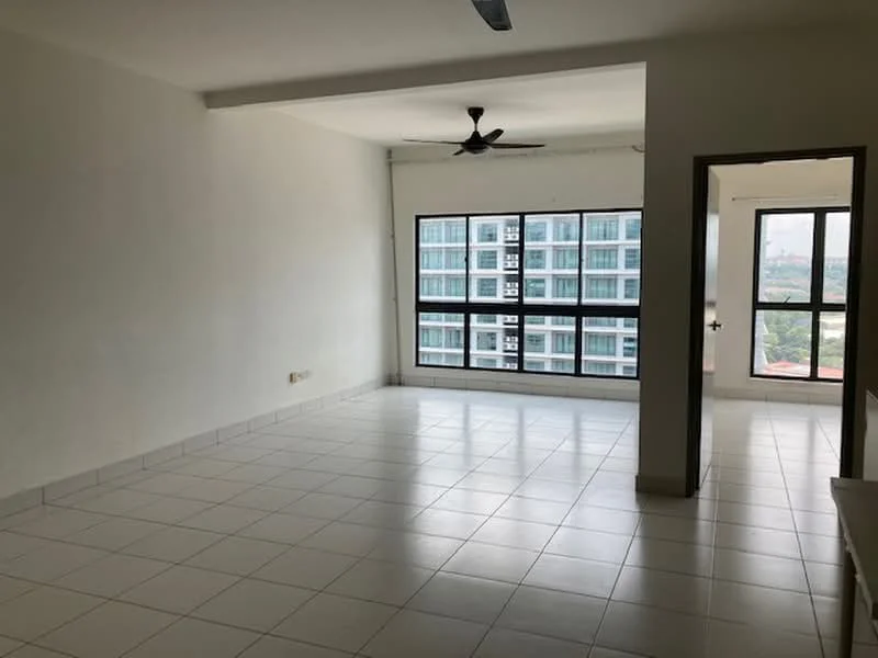 Living features: white painted walls, tile flooring, 5-blade ceiling fan, floor-to-ceiling windows, city view, sliding glass door, natural light, open layout; style: modern; view: city.