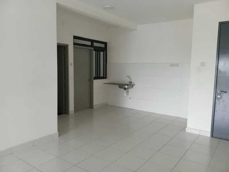 Kitchen features: white tiled walls, white tiled flooring, single-bowl stainless-steel sink, wall-mounted faucet, window above sink, counter space, door leading to another room, light fixture on ceiling.