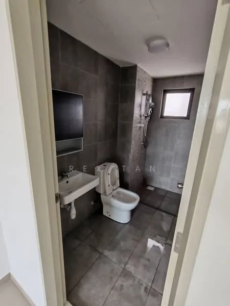 Bathroom features: grey tiled walls, grey tiled flooring, one-piece toilet, wall-mounted sink, mirror above sink, shower with handheld showerhead, window for natural light, ceiling light; style: modern.