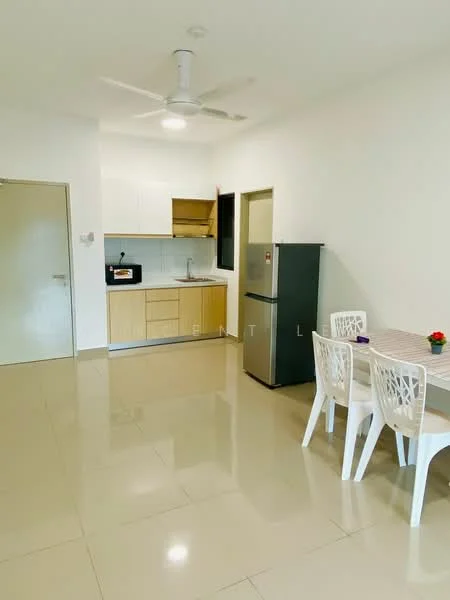 Kitchen features: white painted walls, glossy tile flooring, ceiling fan, wood cabinetry, stainless-steel fridge, microwave, single-bowl stainless-steel sink, chrome pull-down faucet, countertop with backsplash, dining table with white chairs; style: modern.