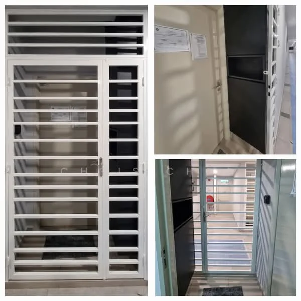 Room features: metal security door with horizontal slats, white painted walls, tile flooring, interior hallway, notice board on wall, light fixtures, door with handle, security grille; style: modern.