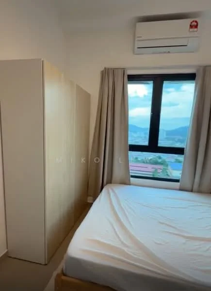 Bedroom features: queen-size bed, built-in wardrobe, floor-to-ceiling window, curtains, wall-mounted split AC, light-colored walls, carpeted flooring; style: modern; view: city.