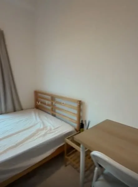 Bedroom features: single bed frame, mattress without bedding, wooden headboard, study desk, white chair, curtains, light-colored walls, carpeted flooring; style: minimalist.