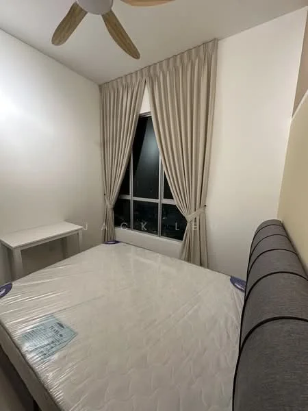 Bedroom features: queen-size bed, upholstered headboard, floor-to-ceiling window, sheer curtains, white painted walls, ceiling fan, study desk, wooden flooring; style: modern; view: city.