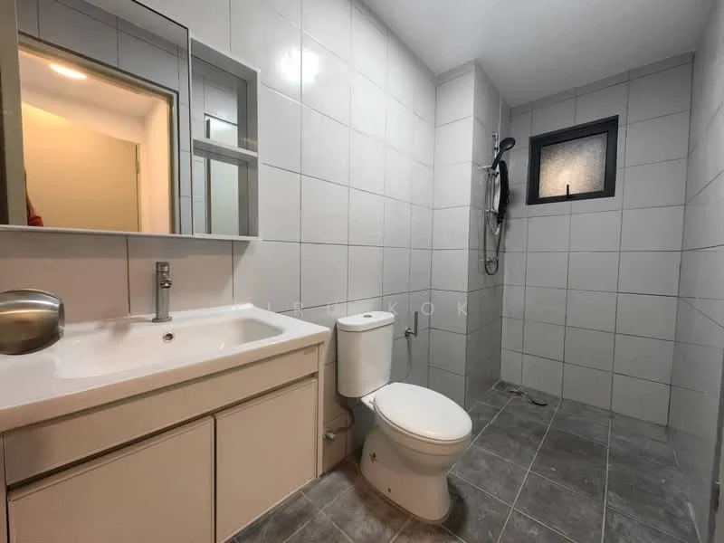 Bathroom features: white tiled walls, grey tiled flooring, single-sink vanity with cabinet, chrome basin mixer faucet, framed mirror above sink, one-piece toilet, handheld shower, shower wall with glass panel, window with frosted glass, recessed lighting; style: modern.