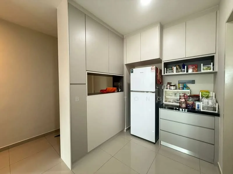 Kitchen features: white cabinetry with flat-panel doors, black countertop, stainless-steel fridge, built-in pantry with open shelving, ceramic tile flooring, neutral wall colour, recessed lighting, kitchen island with storage; style: modern.