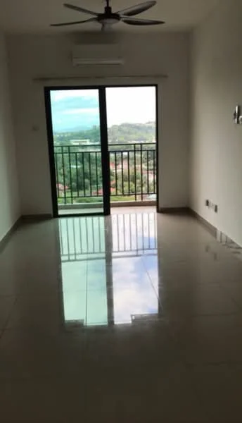 Living features: large sliding glass door, floor-to-ceiling windows, balcony with railing, white painted walls, glossy tile flooring, ceiling fan, wall-mounted air conditioning unit, natural light from windows, view of greenery, neutral color scheme; style: modern; view: garden.