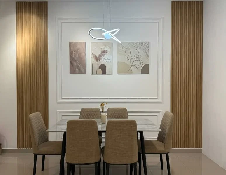 Dining features: marble dining table, 4 beige upholstered dining chairs, wood panel accent wall, white painted walls, decorative wall art, modern pendant light fixture, polished tile flooring; style: modern.