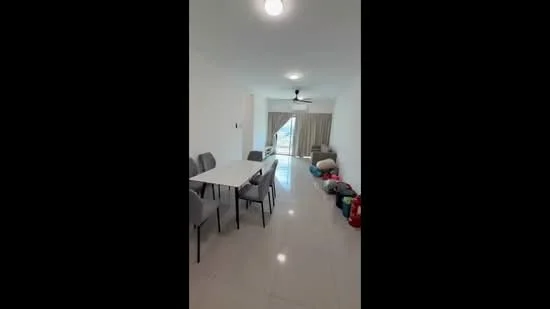 Dining features: white painted walls, glossy tile flooring, 5-blade ceiling fan with light, 6-seater dining table, upholstered dining chairs in grey, floor-to-ceiling windows, curtains, natural light, open layout, decorative items on the floor; style: modern; view: garden.