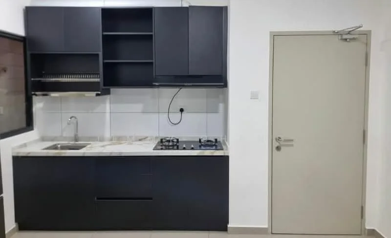 Kitchen features: black cabinetry, marble countertop, single-bowl stainless-steel sink, chrome pull-down faucet, 4-burner gas hob, wall-mounted range hood, white tiled backsplash, floor tiles, open shelving, door to adjacent room; style: modern.
