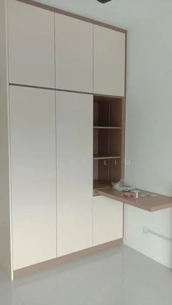 Room features: built-in cabinetry with cream finish, open shelving, desk area with countertop, white walls, glossy tile flooring; style: modern.