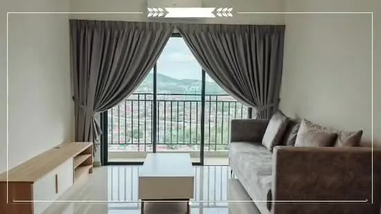 Living features: grey fabric sofa, coffee table, wooden TV console, floor-to-ceiling windows, sheer curtains, blackout curtains, marble flooring, city view; style: modern; view: city.