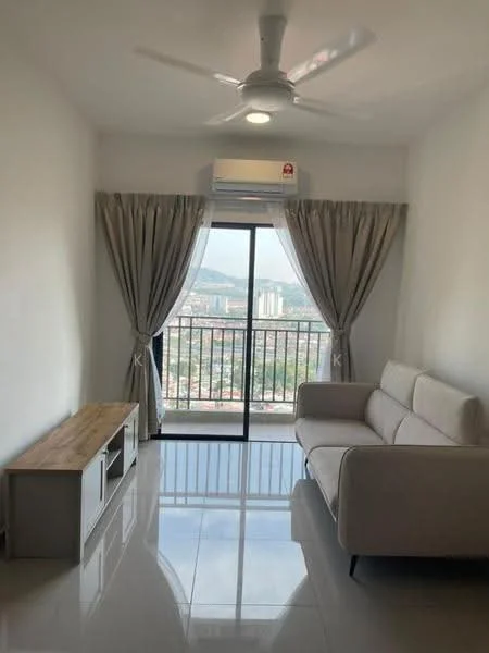 Living features: 3-seater fabric sofa in light grey, wooden TV console, floor-to-ceiling windows, curtains in light grey, white painted walls, polished ceramic tile flooring, ceiling fan, wall-mounted split AC, city view; style: modern; view: city.
