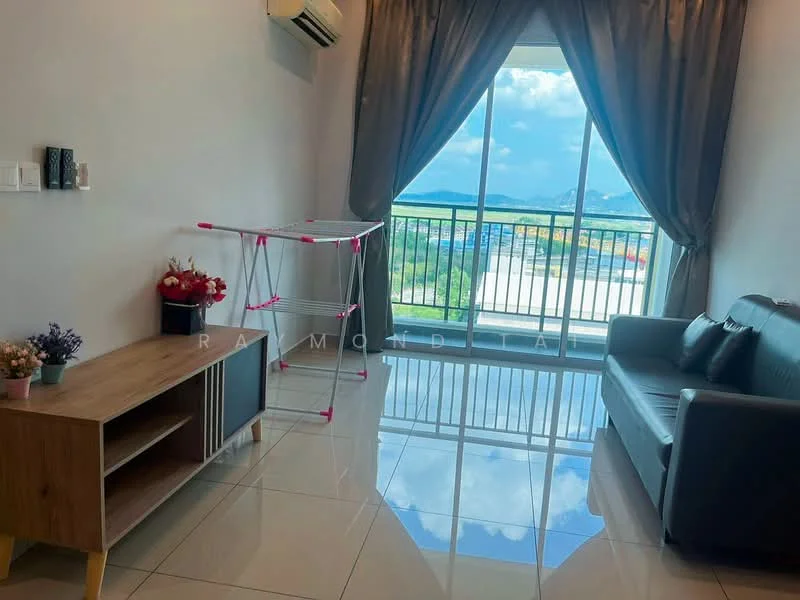 Living features: grey leather sofa, wooden TV console, floor-to-ceiling windows, curtains in dark grey, air conditioning unit, glossy tile flooring, decorative plants, clothes drying rack; style: modern; view: city.