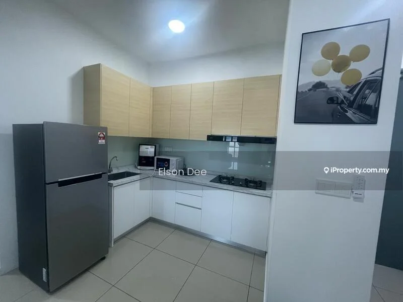 Kitchen features: light wood cabinetry, white countertop, stainless-steel fridge, built-in gas hob, exhaust hood, microwave, ceramic tile flooring, white walls, recessed downlights; style: modern.