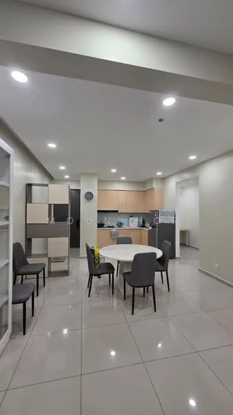 Dining features: round dining table, 4 upholstered dining chairs, white cabinetry, black countertop, built-in cabinets, recessed LED downlights, grey tiled flooring, wall clock, kitchenette area with appliances, open layout; style: modern.