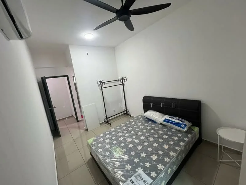 Bedroom features: queen-size bed, upholstered headboard, bedding with floral pattern, nightstand, ceiling fan, wall-mounted air conditioning unit, tiled flooring, white painted walls, clothing rack, doorway leading to another room; style: modern.