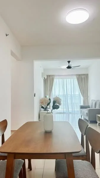Dining features: wooden dining table, 4 wooden dining chairs, white ceramic vase, artificial flowers in vase, light-colored tiled flooring, recessed ceiling light, wall-mounted air conditioning unit, curtains, floor-to-ceiling windows, ceiling fan; style: modern. Living features: light-colored sofa, throw pillows, coffee table, carpet, curtains, floor-to-ceiling windows; style: modern.