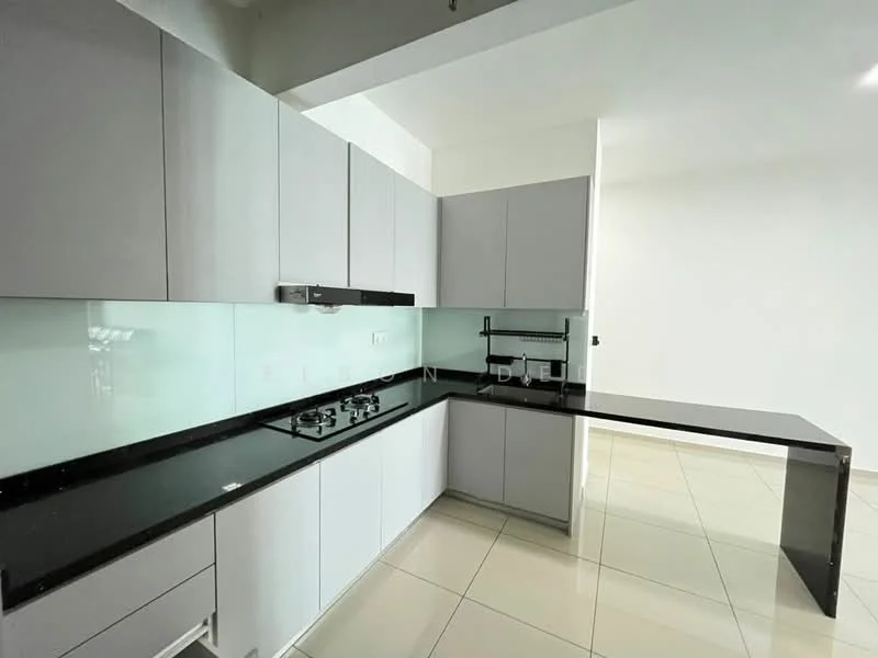 Kitchen features: grey cabinetry, black granite countertop, glass backsplash, built-in gas hob, stainless-steel sink, single-bowl stainless-steel sink, modern faucet, tile flooring, recessed downlights; style: modern.