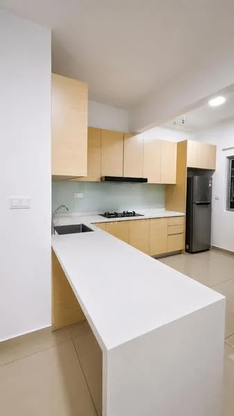 Kitchen features: light wood cabinetry, white quartz countertop, single-bowl stainless-steel sink, chrome pull-down faucet, built-in gas hob, built-in oven, stainless-steel fridge, light grey backsplash, tile flooring, recessed downlights; style: modern.