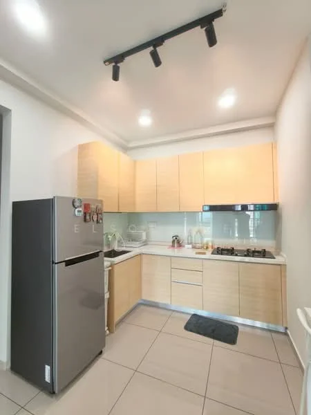 Kitchen features: light wood cabinetry, stainless-steel fridge, built-in gas stove, white backsplash, grey countertop, single-bowl stainless-steel sink, chrome pull-down faucet, track lighting, ceramic tile flooring, wall-mounted kitchen hood, open shelving, kitchen towel rack; style: modern.
