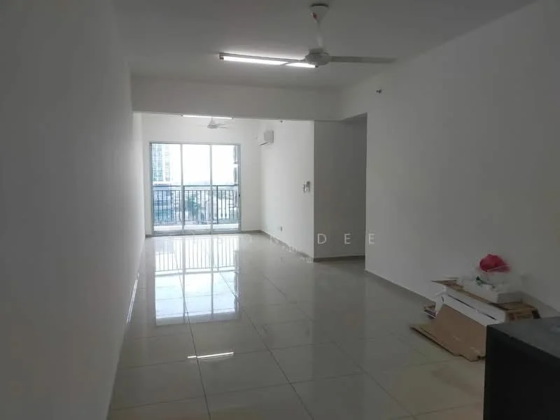 Living features: white painted walls, glossy ceramic tile flooring, 5-blade ceiling fan with light, floor-to-ceiling windows, sliding glass door, balcony access, air conditioning unit, neutral decor; style: modern; view: city.