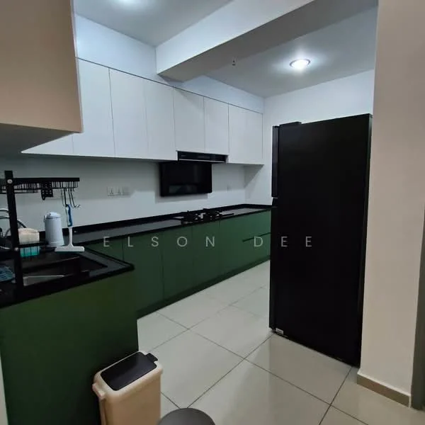 Kitchen features: green lower cabinets, white upper cabinets, black countertop, built-in oven, stainless-steel gas hob, black refrigerator, sink, tile flooring, wall-mounted kitchen rack, white walls, recessed lighting; style: modern.